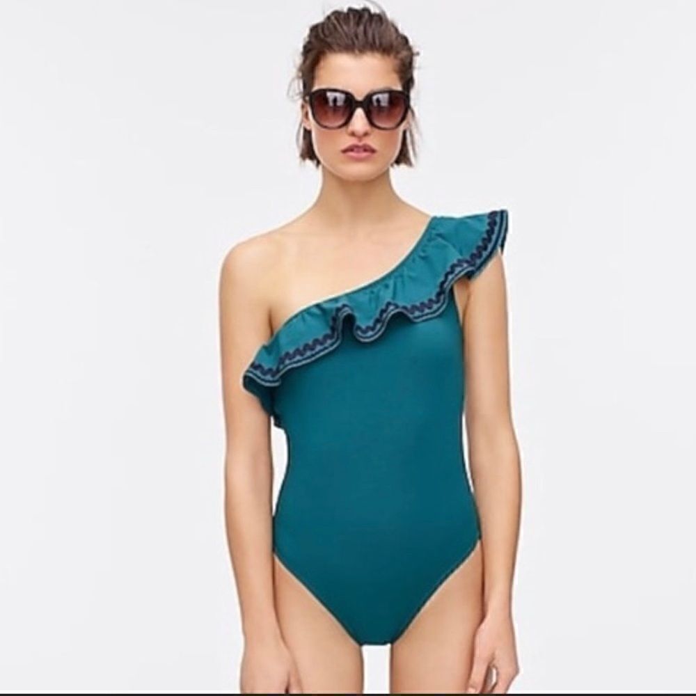 J. Crew One-shoulder Ruffle One-piece Swimsuit with Rickrack Sz 4 $118 AJ650
